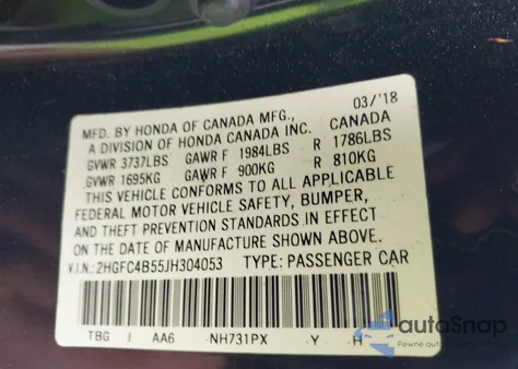 2018 Honda Civic Lx из США, поврежденный, VIN 2HGFC4B55JH304053